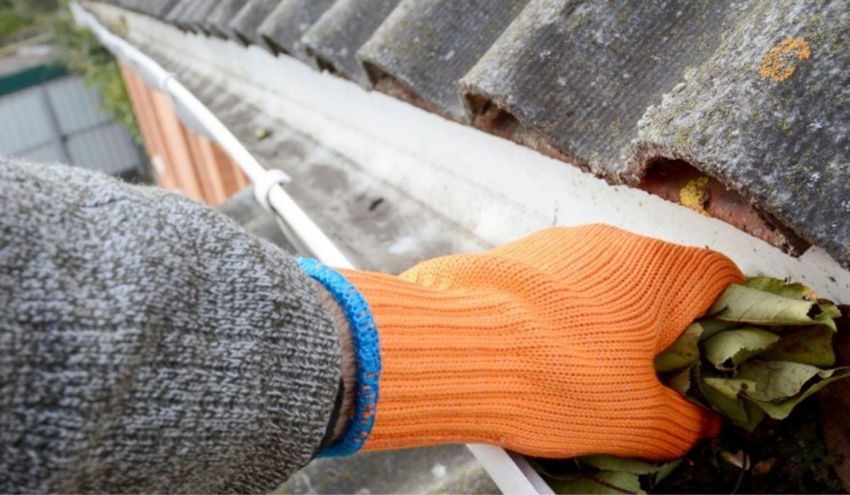 a hand wearing orange glove putting away dried leaves from gutter