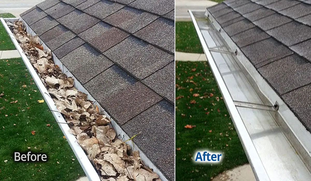 a before and after photo of a clean gutter