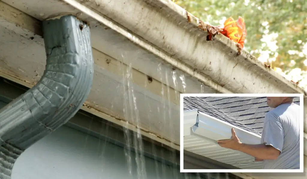 water leaing through a gutter and a photo of a man repairing the gutter