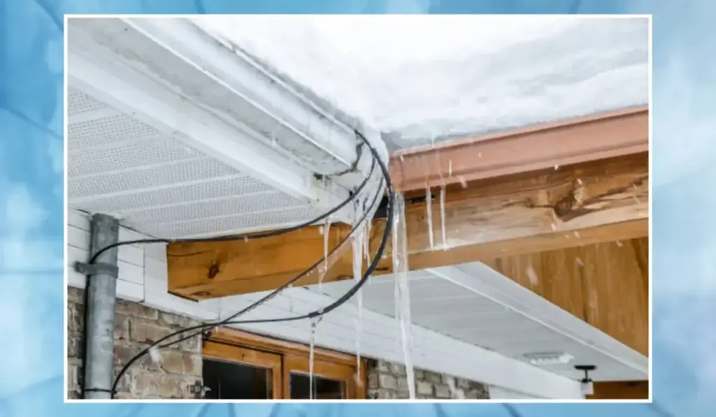 Close-up of ice dam formation on a roof with heated cables installed for preventing ice dams.