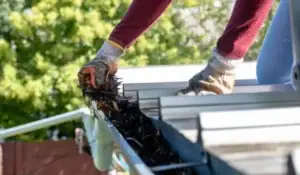 A worker in gloves cleaning a clogged gutter, removing leaves and debris during professional gutter cleaning services.