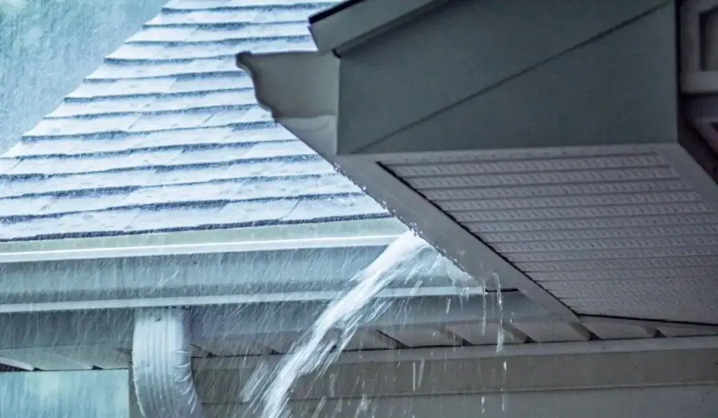Heavy rain overflowing from a clogged downspout near a home’s foundation, highlighting the need for professional downspout services during storms.