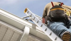 Worker on ladder performing gutter replacement with seamless system to improve drainage and prevent water damage.