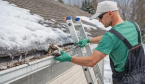 Technician removing winter debris from a roof gutter system as part of professional pre-spring gutter maintenance service.