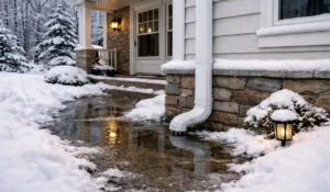 Winter snowmelt creates underground drain clogs causing water pooling near home foundation and basement entry points.