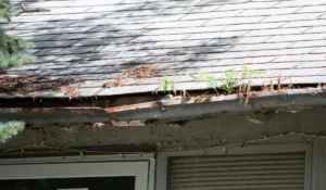 Sagging gutters filled with debris causing fascia damage and indicating need for gutter replacement