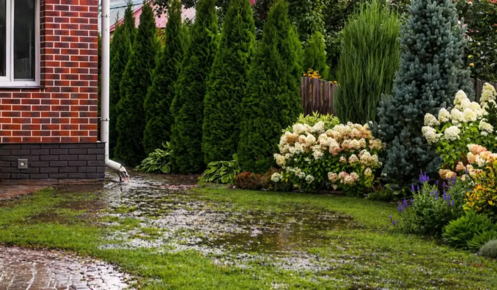 Soggy lawn and standing water near downspout caused by clogged underground gutter drain
