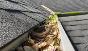 Birds in Your Gutters building nest beside roof debris inside residential gutter during spring season