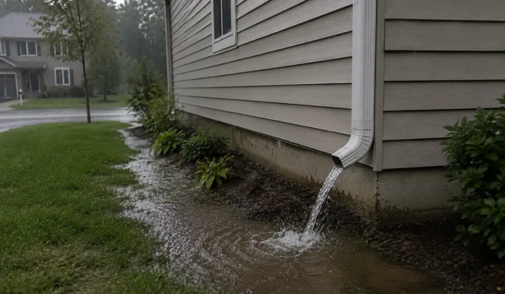 Basement flooding risk as downspout runoff pools beside a home foundation during heavy rainfall.