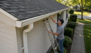 Homeowner using a Gutter Inspection Guide while inspecting gutters for storm damage before the fall season