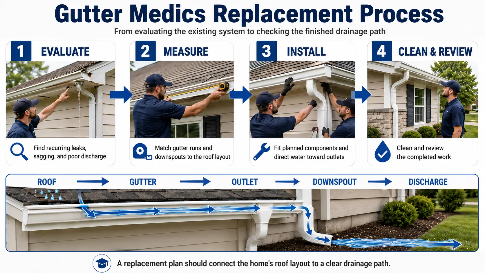 Gutter Upgrade infographic shows technicians evaluating, measuring, installing, and reviewing gutters while directing roof runoff away.