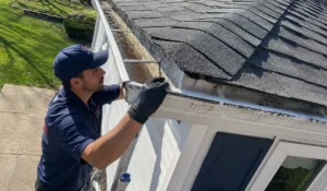Gutter Medics technician inspects a residential gutter system for damage, drainage problems, and Gutter Upgrade needs.