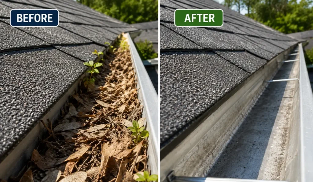 late-summer-gutter-cleaning-before-after-illinois-home Before-and-after residential gutter cleaning showing debris removal before fall, improving drainage and helping prevent seasonal clogs effectively.