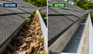 Before-and-after residential gutter cleaning showing debris removal before fall, improving drainage and helping prevent seasonal clogs effectively.