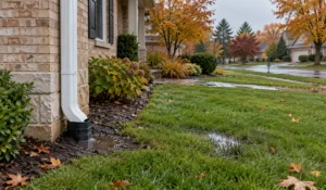 Underground drainage problem causes rainwater to pool near a home foundation and downspout during wet fall weather.