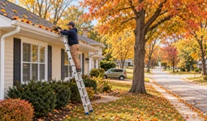 Professional gutter cleaning removes autumn leaves from a suburban home surrounded by mature trees during fall season.